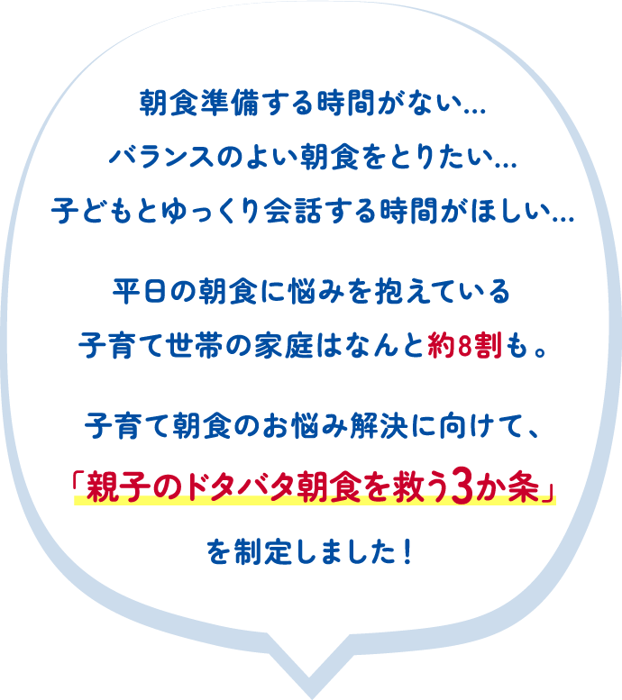 朝食準備する時間がない…バランスのよい朝食をとりたい…子どもとゆっくり会話する時間がほしい… 平日の朝食に悩みを抱えている子育て世帯の家庭はなんと約8割も。子育て朝食のお悩み解決に向けて、 「親子のドタバタ朝食を救う3か条」を制定しました！